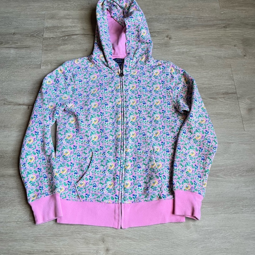 Polo Ralph Lauren Girls Floral Full Zip Jacket Sweater Pink  L 12-14
